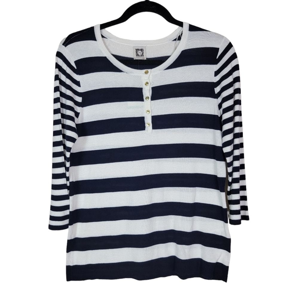 Anne Klein White Navy Striped 3/4 sleeve Top Sz Large‎